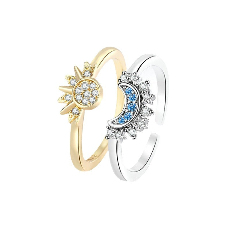 Diamond-set sun and moon couple ring opening (40% discount for full 2 pieces)