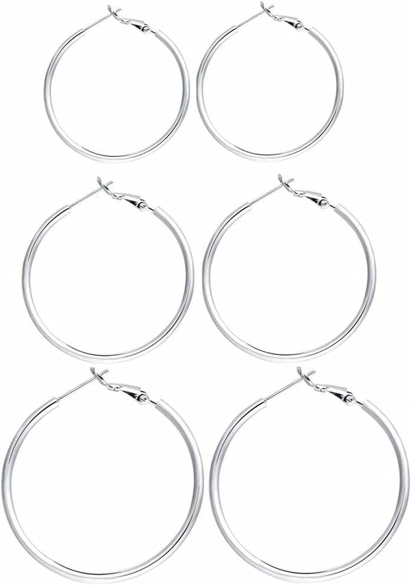 3 Pairs Sterling Silver Hoop Earrings - 14k White Gold Plated Hoop Earrings Big Hoop Earrings Set Silver Hoop Earrings for Women Valentine's Day Gift Jewelry (40MM 50MM 60MM)