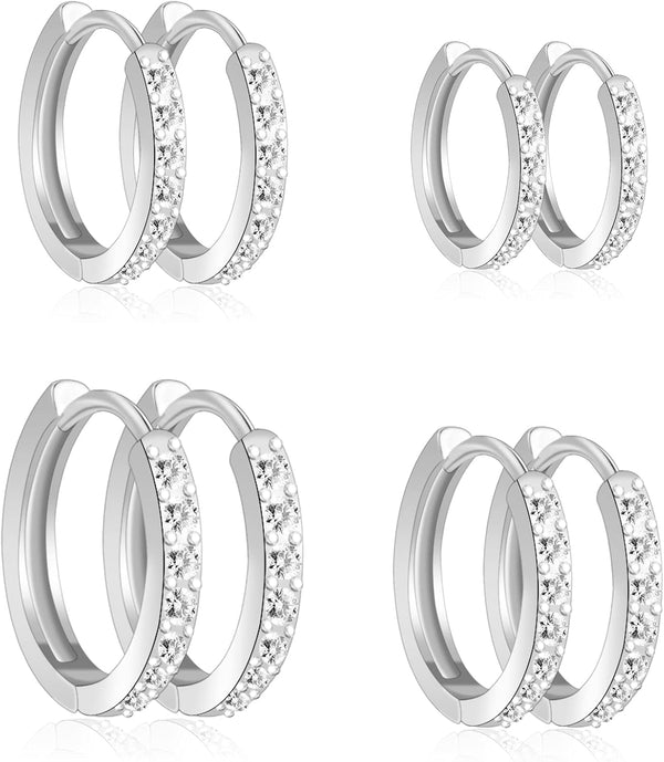 3-4 Pairs Small Silver Hoop Earrings 925 Sterling Silver Post Hoop Earrings for Women 14K Gold Plated Cubic Zirconia Huggie Hoop Tiny Cartilage Ear Jewelry for Women Huggie Earrings for Men Hypoallergenic Earrings8/10/12mm (CZ Silver